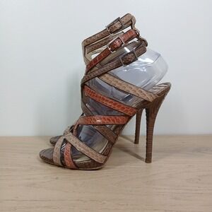 Brian Atwood Sandals Women 8 Brown Tan Leather Strappy Stiletto Buckle Heels